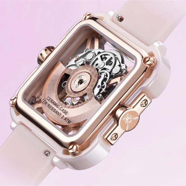 CIGA Design X Series Women's Watch: Pink Ceramic Skeleton with Soft Silicone Strap.