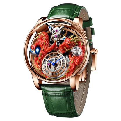 PINDU Men's Watch: Handmade Dragon Design with Curved Transparent Mirror