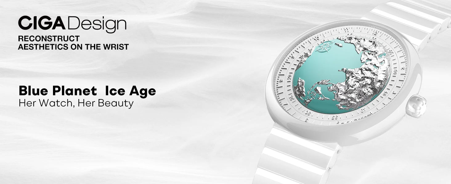 CIGA Design U Series Women's Watch: Blue Planet Ice Age Ceramic Strap.