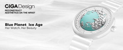 CIGA Design U Series Women's Watch: Blue Planet Ice Age Ceramic Strap.