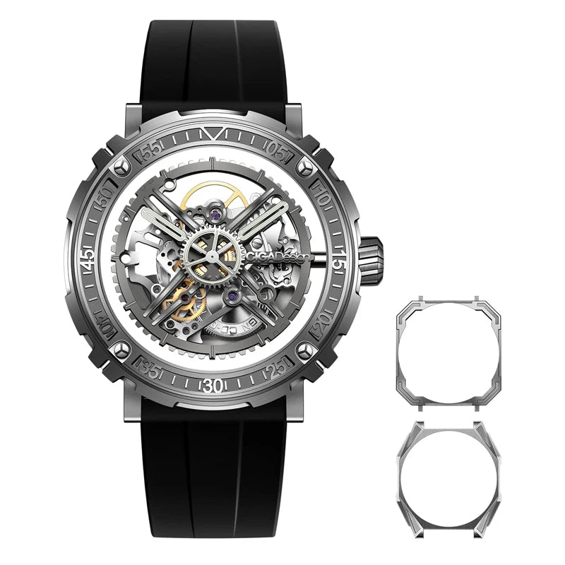 CIGA Design Magician Series Men's Watch: 3-in-1 Skeleton with Steel Case & Fluororubber Strap.
