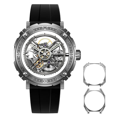 CIGA Design Magician Series Men's Watch: 3-in-1 Skeleton with Steel Case & Fluororubber Strap.