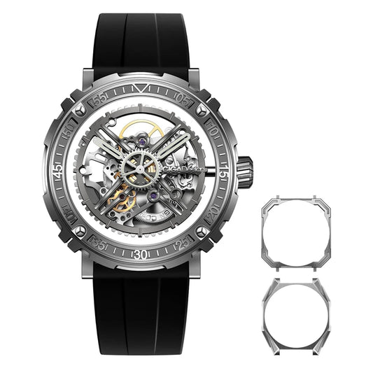 CIGA Design Magician Series Men's Watch: 3-in-1 Skeleton with Steel Case & Fluororubber Strap.