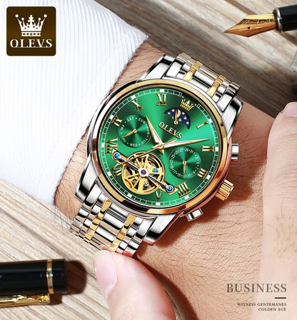 OLEVS Original Automatic Mechanical Watch for Men Luxury TOP Brand Waterproof Luminous Moon Phase Tourbillon Wristwatch Male