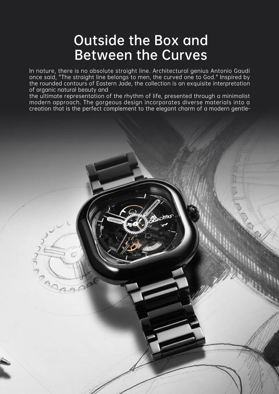 CIGA Design Y Series Watch: Eastern Jade Black Skeleton with Luminous Ceramic Case.