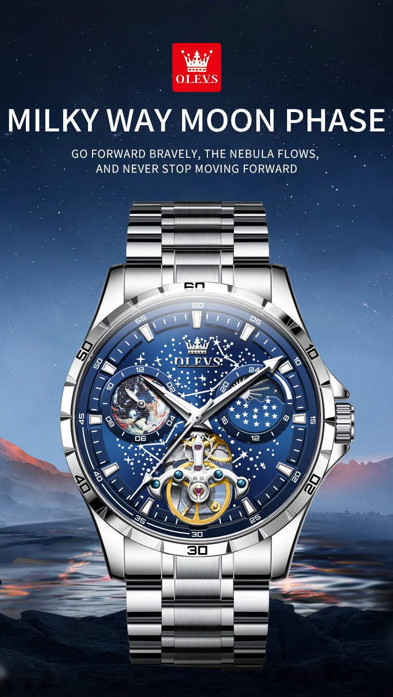 OLEVS New Men's Automatic Watch Skeleton Multifunctional Starry Sky Stainless Steel Leather Watchband Luxury Dress Wrist Watches