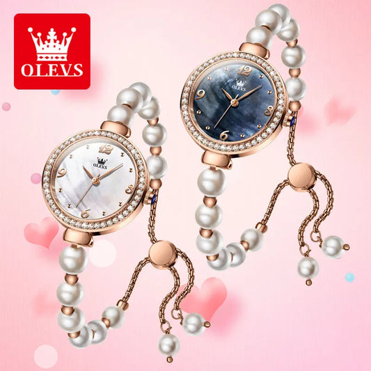 Montre à chaîne en perles OLEVS pour femmes, cadran en diamant de luxe, étanche, montres à quartz de marque supérieure originales, coffrets cadeaux Relógio Feminino