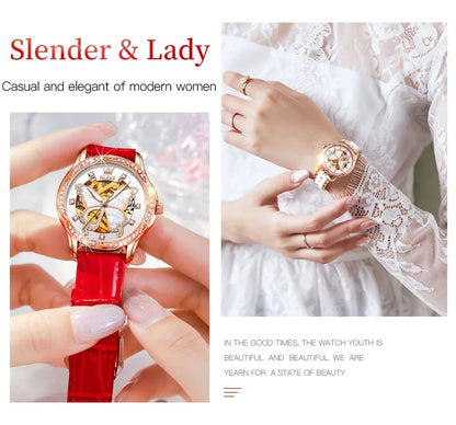 Montres automatiques OLEVS pour femmes de luxe en or rose squelette mécanique étanche lumineuse femmes bracelets montres ensemble élégant