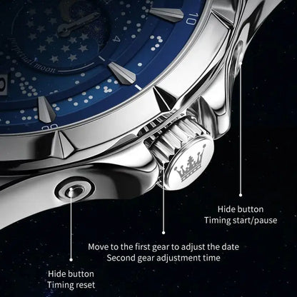 Montres pour hommes OLEVS 5538 avec bracelet en acier inoxydable, montre à quartz lumineuse, étanche, à la mode, avec phases de lune et ciel étoilé