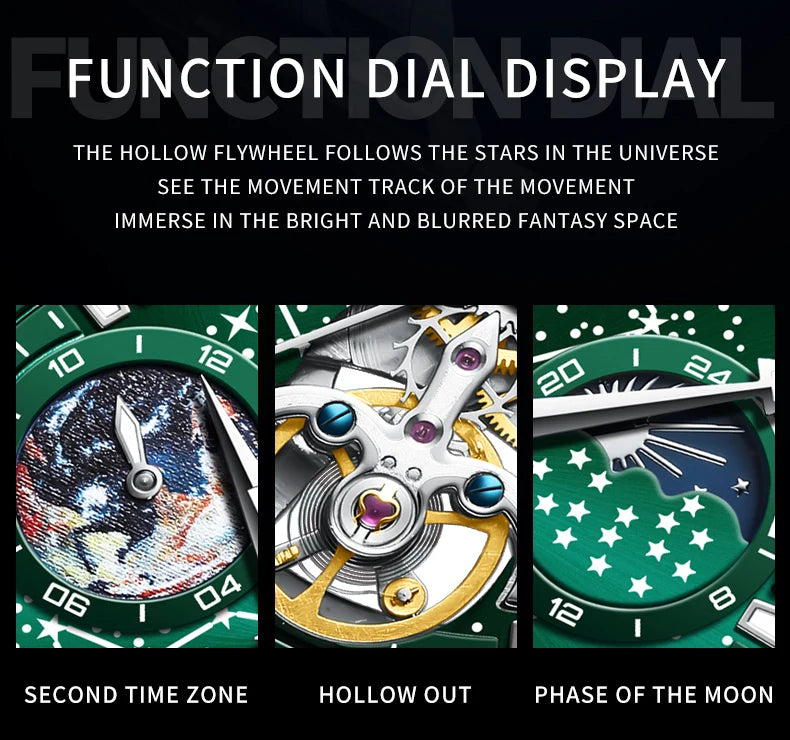 OLEVS New Men's Automatic Watch Skeleton Multifunctional Starry Sky Stainless Steel Leather Watchband Luxury Dress Wrist Watches