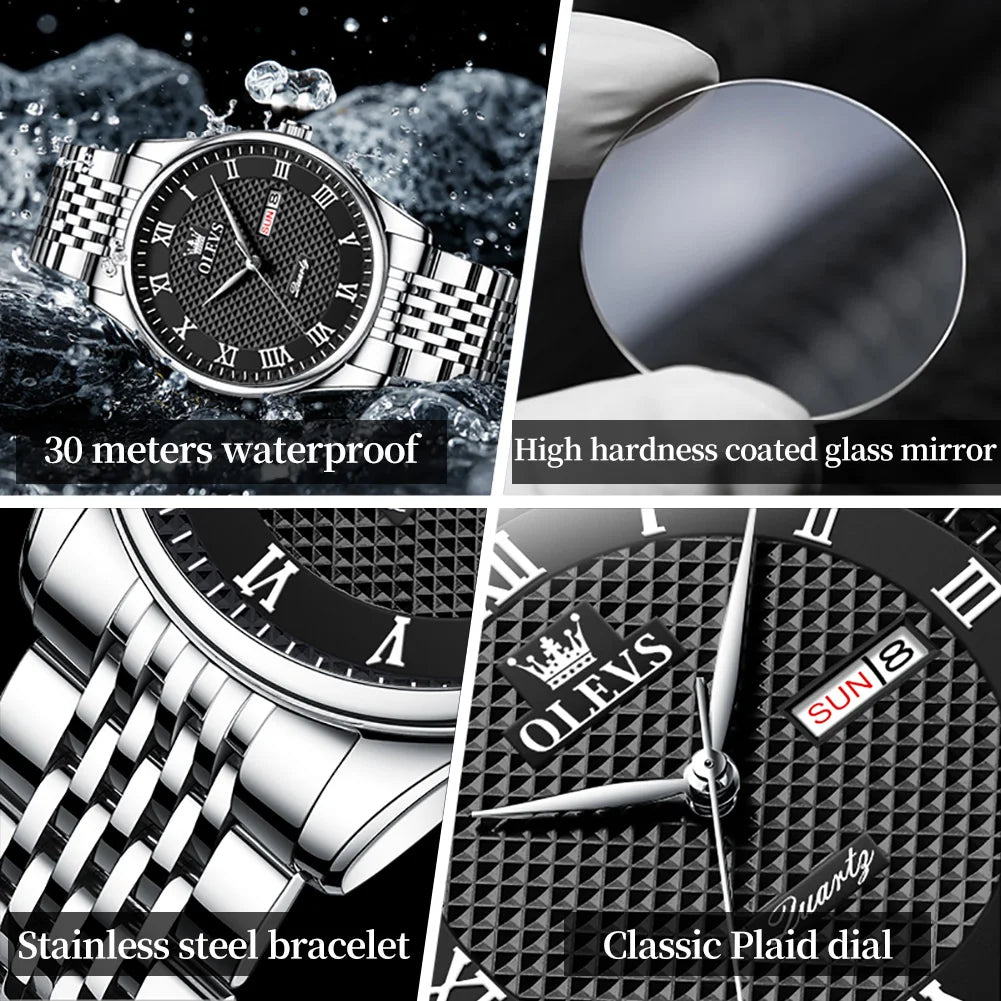 OLEVS New Quartz Watch for Men Waterproof Stainless Steel Business Fashion Calendar/Week Display Top Quartz Men's Watches