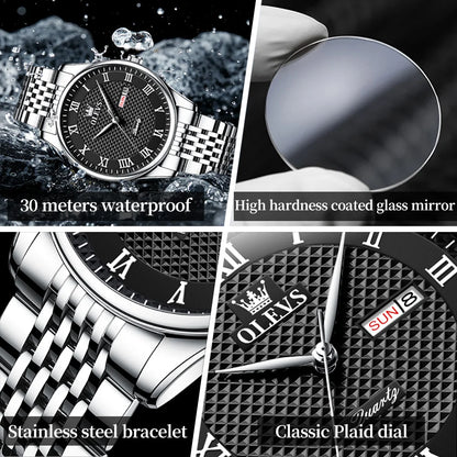 OLEVS New Quartz Watch for Men Waterproof Stainless Steel Business Fashion Calendar/Week Display Top Quartz Men's Watches