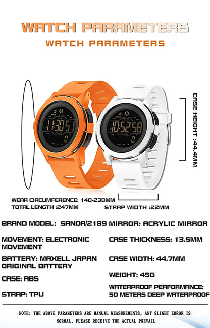 SANDA Brand Men Watches Sports Passometer Calories 50M Waterproof LED Digital Watch Military Wristwatch Electron Men's Watch2189