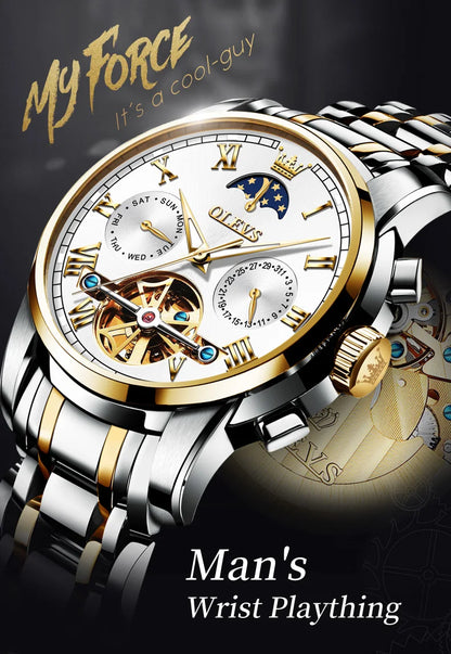 OLEVS Original Automatic Mechanical Watch for Men Luxury TOP Brand Waterproof Luminous Moon Phase Tourbillon Wristwatch Male