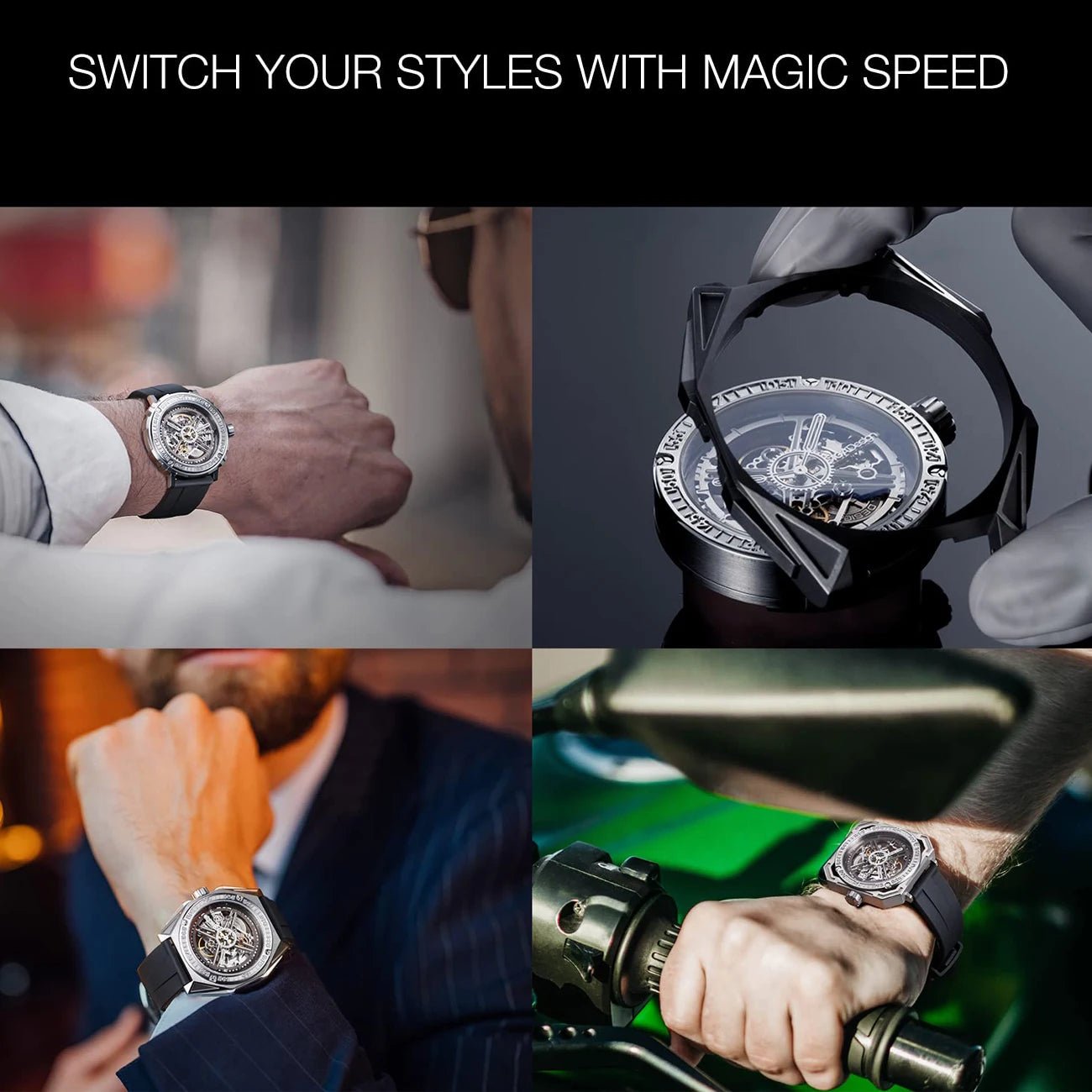 CIGA Design Magician Series Men's Watch: 3-in-1 Skeleton with Steel Case & Fluororubber Strap.