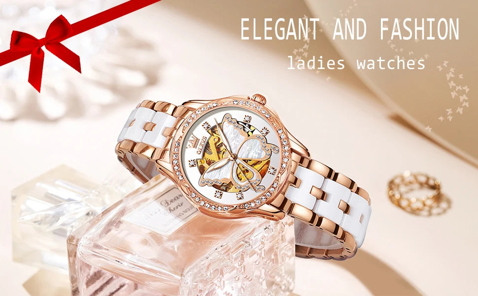 Montres automatiques OLEVS pour femmes de luxe en or rose squelette mécanique étanche lumineuse femmes bracelets montres ensemble élégant