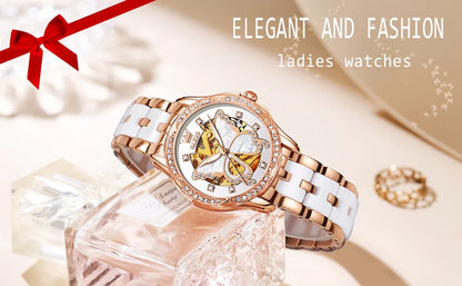 Montres automatiques OLEVS pour femmes de luxe en or rose squelette mécanique étanche lumineuse femmes bracelets montres ensemble élégant