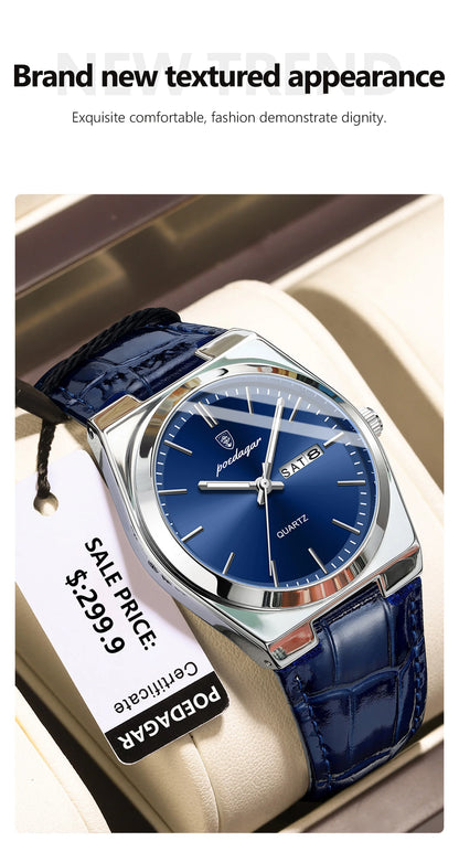 POEDAGAR Luxury Watch for Men Military Leather Man Wristwatch Quartz Clock Waterproof Luminous Date Week Men's Watches Reloj+box