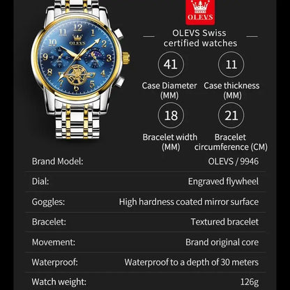 OLEVS Men's Watches Multifunctional Wristwatch for Men Waterproof Stainless Steel Luminous Flywheel Design Man Watch 2024 New