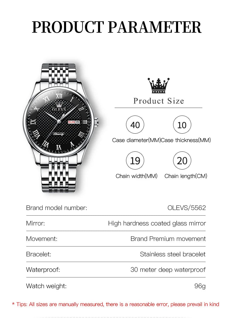 OLEVS New Quartz Watch for Men Waterproof Stainless Steel Business Fashion Calendar/Week Display Top Quartz Men's Watches