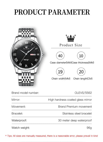 OLEVS New Quartz Watch for Men Waterproof Stainless Steel Business Fashion Calendar/Week Display Top Quartz Men's Watches