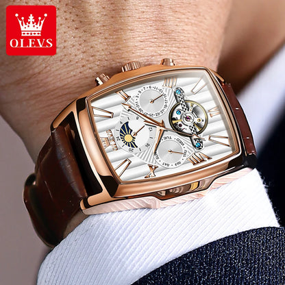 Montre automatique pour homme OLEVS Bracelet en cuir d'origine Date Cadran carré Montre-bracelet pour homme étanche Montre mécanique pour homme