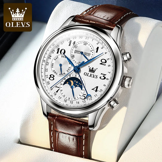 Montre-bracelet automatique originale OLEVS pour homme avec calendrier des phases de la lune et bracelet en cuir en acier inoxydable étanche