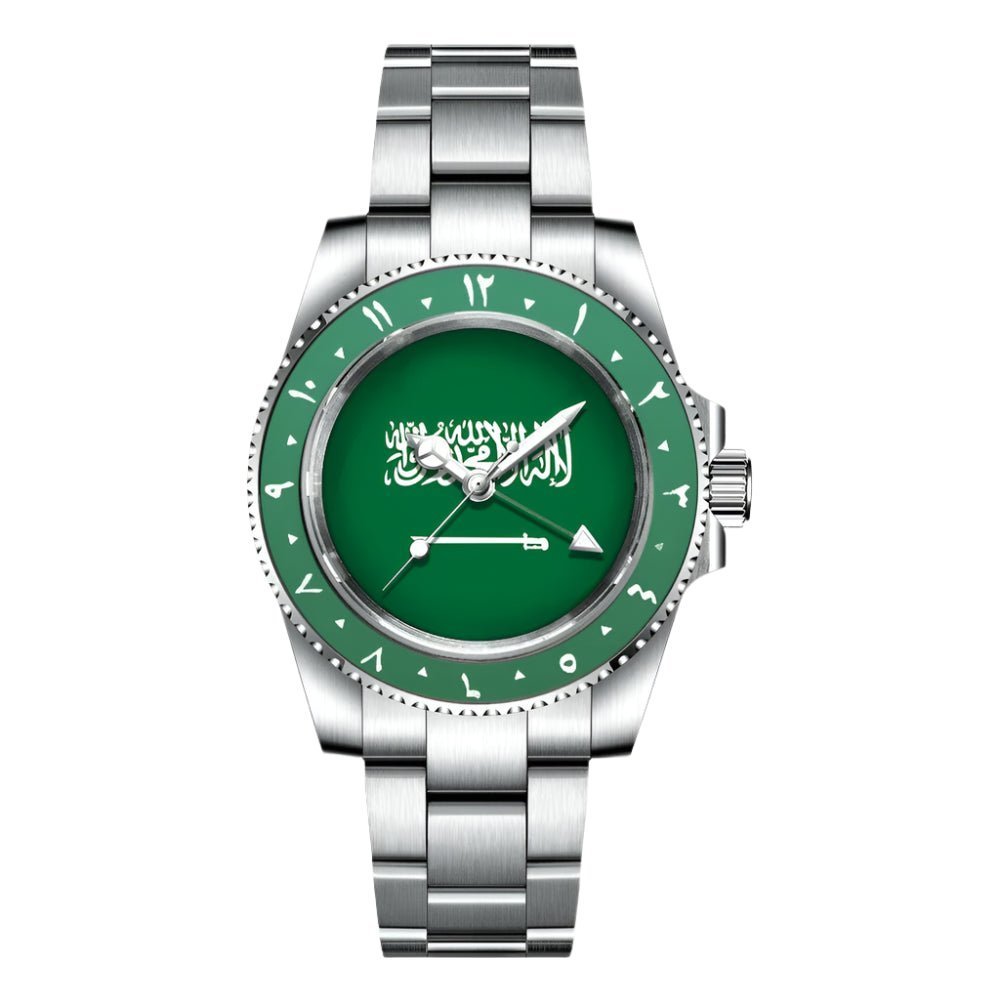 Automatic Mechanical Movement Flag of Saudi Arabia Dial NH34 GMT Watch 40mm Green Bezel Men's Watch Sapphire Crystal Waterproof.