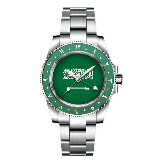 Automatic Mechanical Movement Flag of Saudi Arabia Dial NH34 GMT Watch 40mm Green Bezel Men's Watch Sapphire Crystal Waterproof.