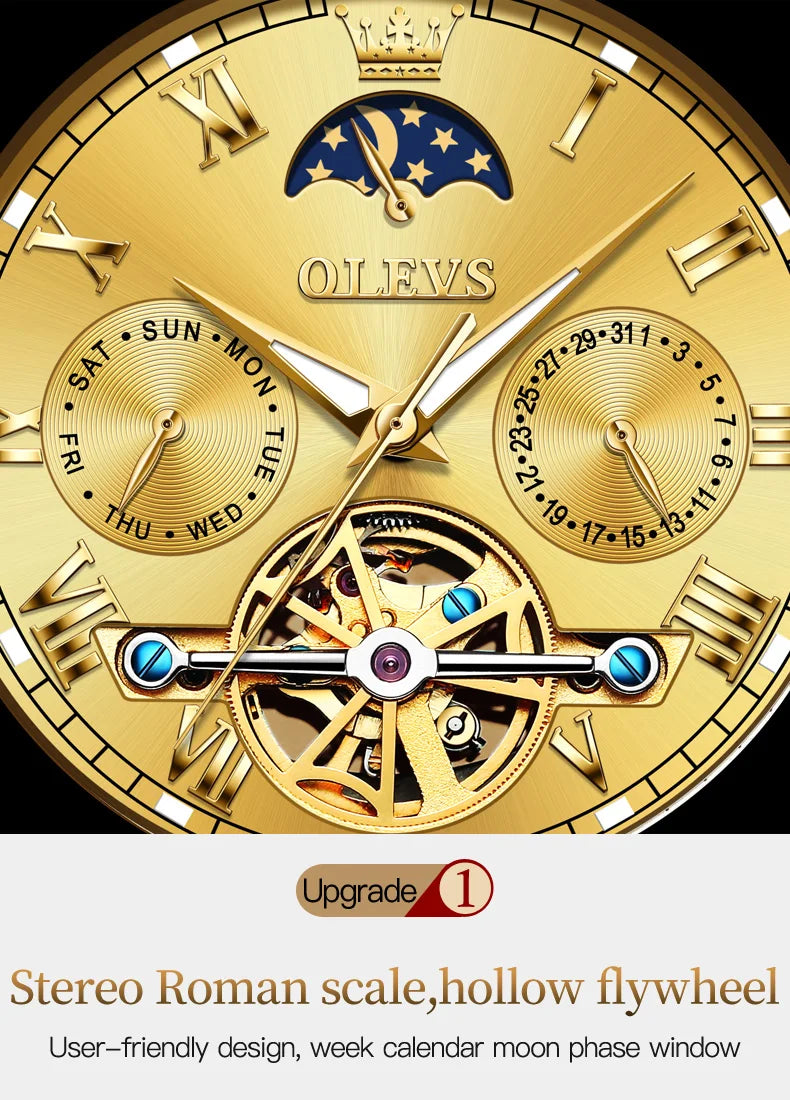 OLEVS Original Automatic Mechanical Watch for Men Luxury TOP Brand Waterproof Luminous Moon Phase Tourbillon Wristwatch Male