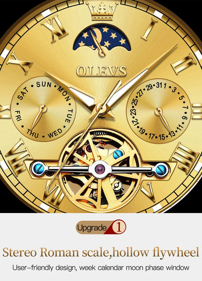 OLEVS Original Automatic Mechanical Watch for Men Luxury TOP Brand Waterproof Luminous Moon Phase Tourbillon Wristwatch Male