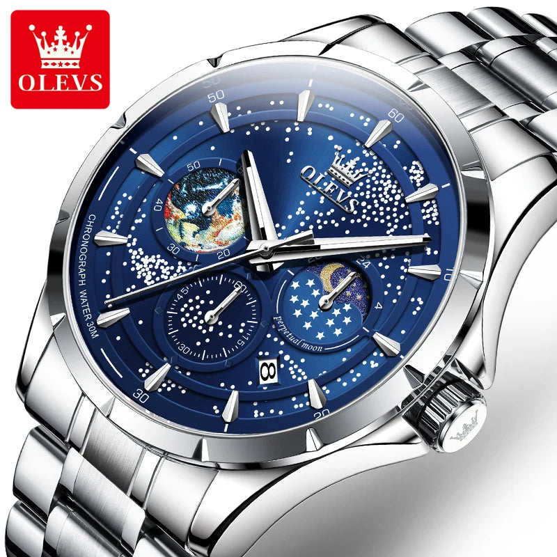 Montres pour hommes OLEVS 5538 avec bracelet en acier inoxydable, montre à quartz lumineuse, étanche, à la mode, avec phases de lune et ciel étoilé