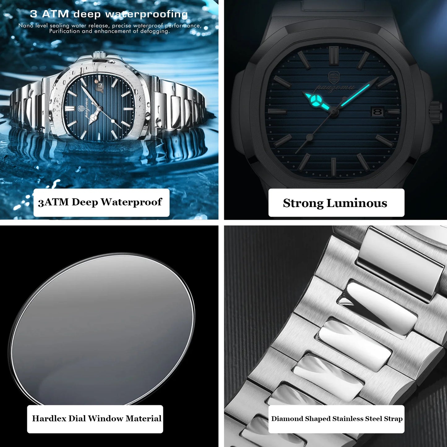 PAAZOMU Luxury Man Wristwatch Waterproof Luminous Week Watch for Men Stainless Steel Men's Quartz Watches reloj hombre Clock+box