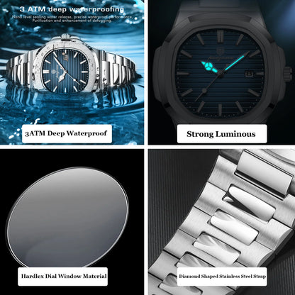 PAAZOMU Luxury Man Wristwatch Waterproof Luminous Week Watch for Men Stainless Steel Men's Quartz Watches reloj hombre Clock+box