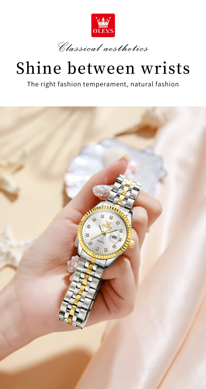 Ensemble de montres pour couple OLEVS Montre de luxe en or avec diamant Montre-bracelet à quartz lumineuse étanche Montre en acier inoxydable pour amoureux Cadeaux 5526