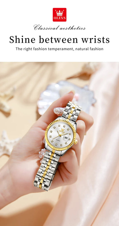 Ensemble de montres pour couple OLEVS Montre de luxe en or avec diamant Montre-bracelet à quartz lumineuse étanche Montre en acier inoxydable pour amoureux Cadeaux 5526