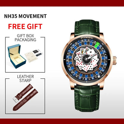 PINDU Men's Watch: Poker Design Sapphire NH35 Movement with Strap