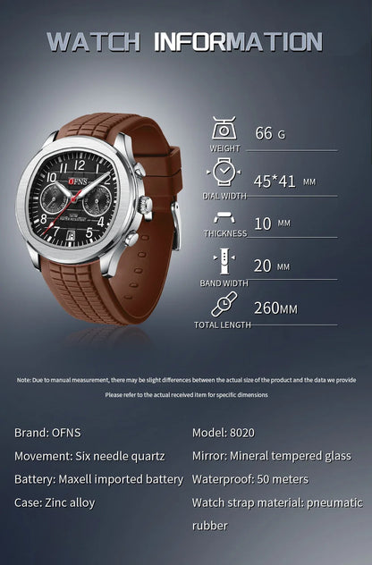 OFNS Brand 8020 New Men's Quartz Watch with Double Eyes, Five Needle Calendar, Waterproof and Fashionable Men's Quartz Watch