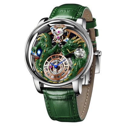 PINDU Men's Watch: Handmade Dragon Design with Curved Transparent Mirror