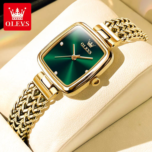 OLEVS Original Femmes Montres De Luxe Élégant Quartz Montre-Bracelet En Acier Inoxydable Or Carré Quartz Montre Ensemble Cadeau pour Fille 9948