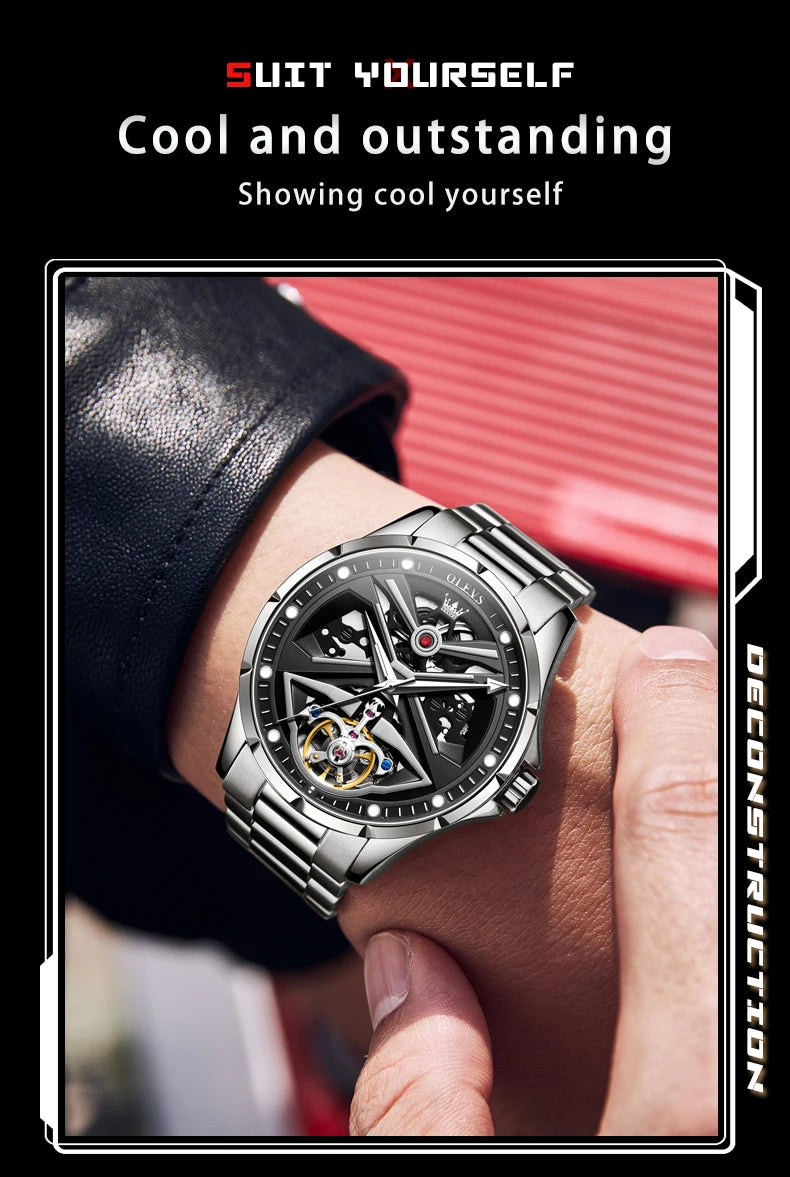 Montre automatique OLEVS pour homme squelette original lumineux étanche bracelet en cuir acier inoxydable montre mécanique pour homme or rose