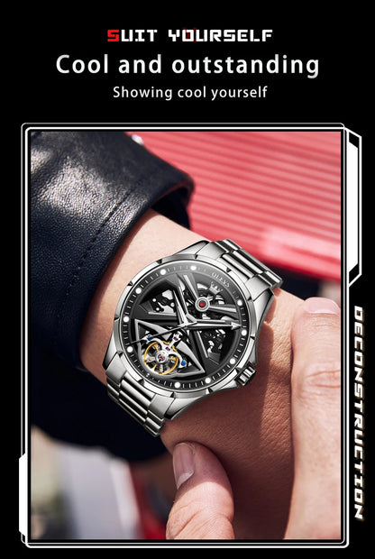 Montre automatique OLEVS pour homme squelette original lumineux étanche bracelet en cuir acier inoxydable montre mécanique pour homme or rose