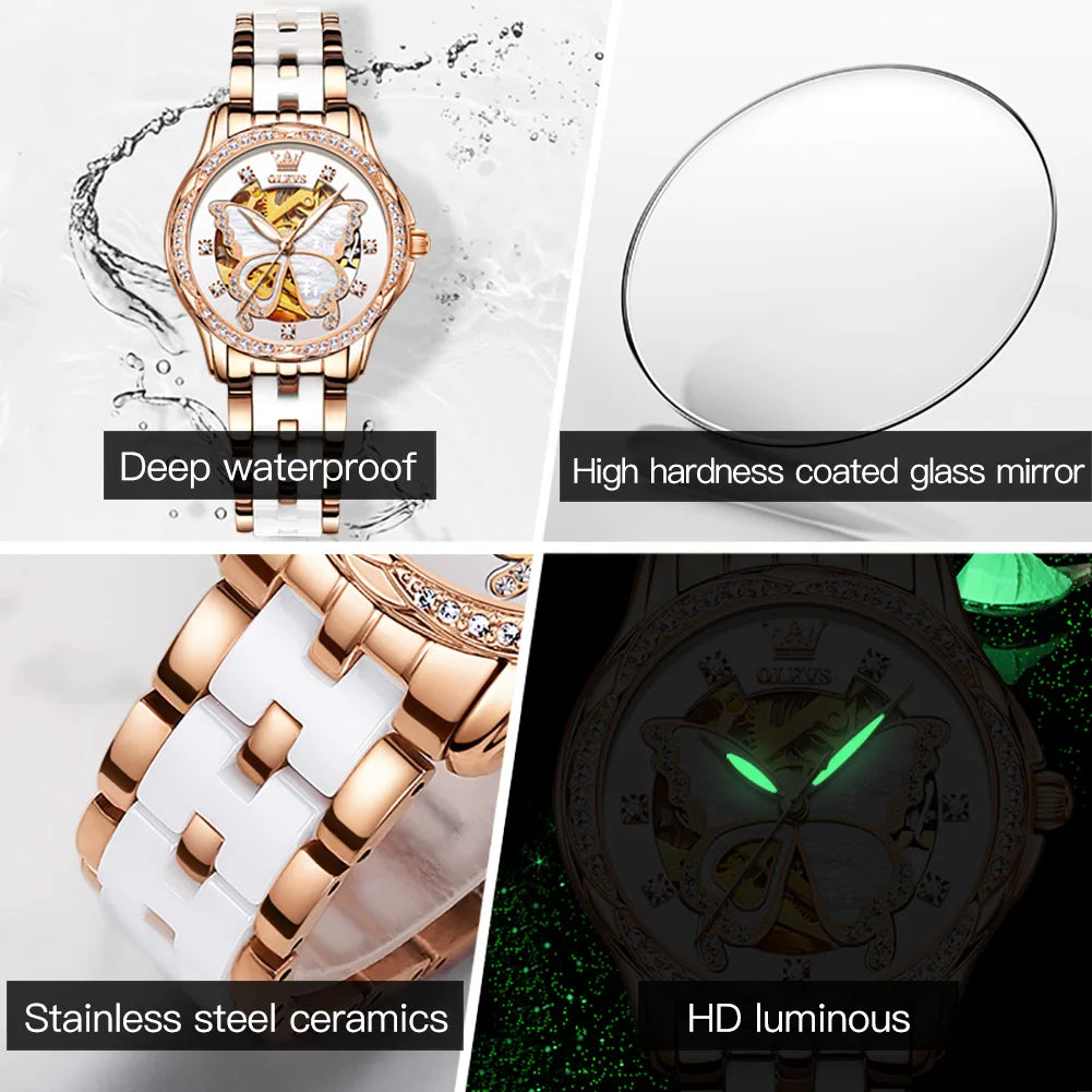 Montres automatiques OLEVS pour femmes de luxe en or rose squelette mécanique étanche lumineuse femmes bracelets montres ensemble élégant
