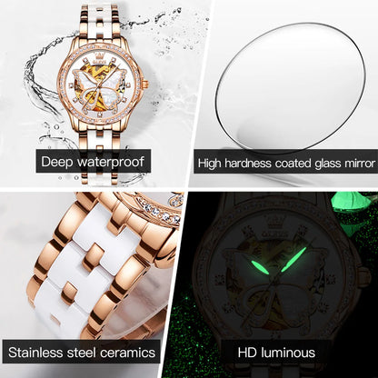 Montres automatiques OLEVS pour femmes de luxe en or rose squelette mécanique étanche lumineuse femmes bracelets montres ensemble élégant