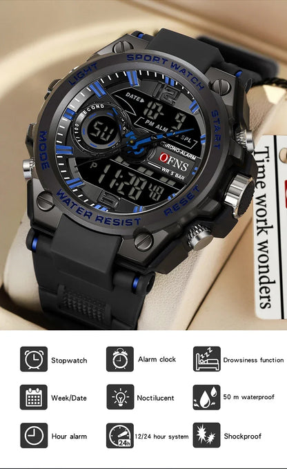 OFNS Top 6092 New Fashion Men's Sports Watch Military Waterproof Quartz Electronic LED Digital Men's Sports Quartz Watch 2024