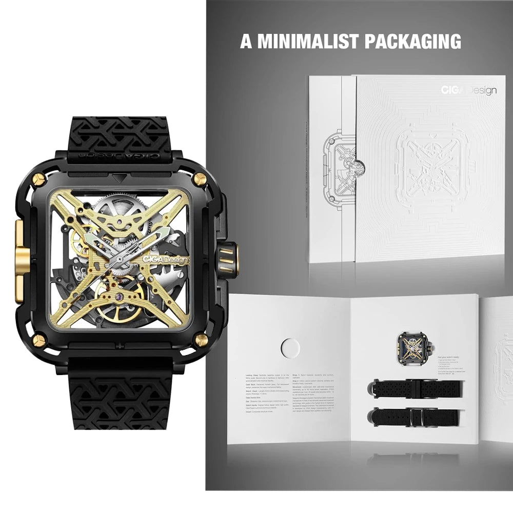 CIGA Design X Series Men's Watch: Titanium Gold Skeleton with Two Straps.