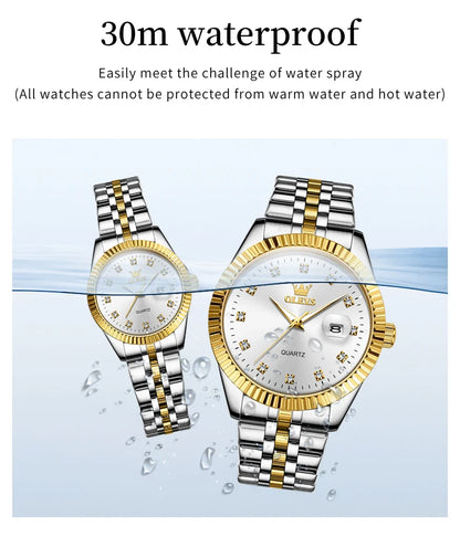 Ensemble de montres pour couple OLEVS Montre de luxe en or avec diamant Montre-bracelet à quartz lumineuse étanche Montre en acier inoxydable pour amoureux Cadeaux 5526