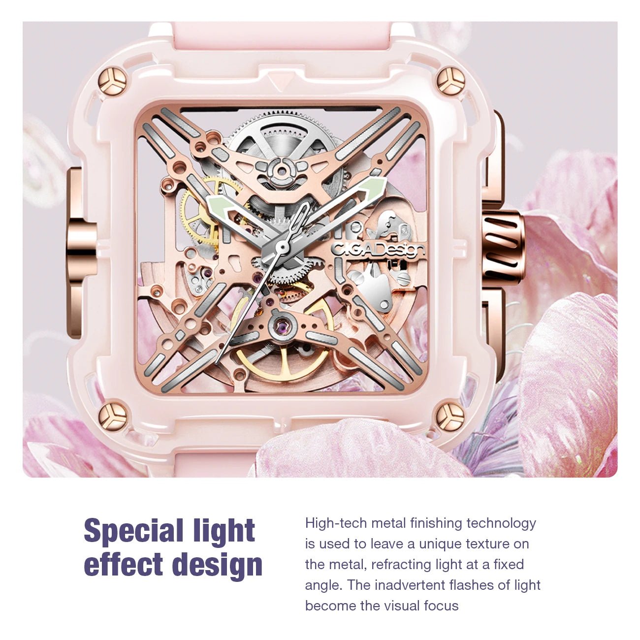 CIGA Design X Series Women's Watch: Pink Ceramic Skeleton with Soft Silicone Strap.