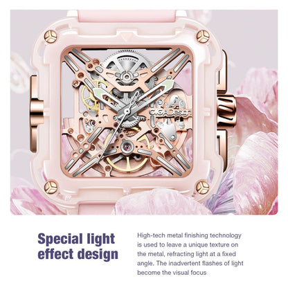 CIGA Design X Series Women's Watch: Pink Ceramic Skeleton with Soft Silicone Strap.