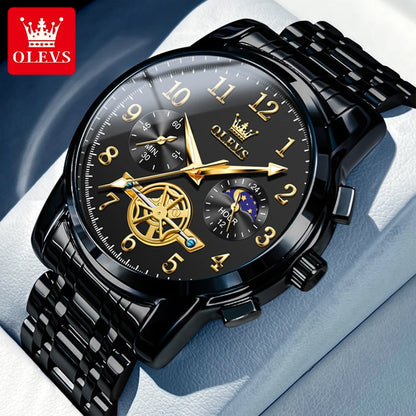 OLEVS Men's Watches Multifunctional Wristwatch for Men Waterproof Stainless Steel Luminous Flywheel Design Man Watch 2024 New